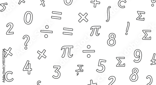 Seamless pattern of hand drawn mathematical symbols on a white background