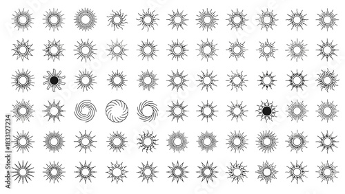 A grid of sun-like geometric shapes with varying designs and patterns, creating a visually diverse and abstract composition.