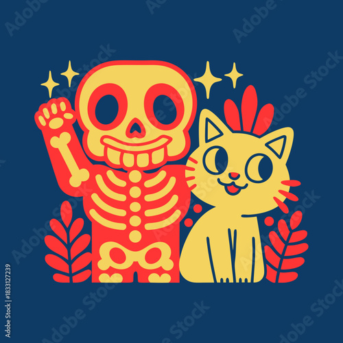 Skeleton and cat with red leaves and yellow stars companion