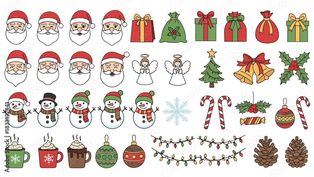 Fototapeta premium Festive collection of Christmas-themed illustrations featuring Santa, gifts, angels, and ornaments.