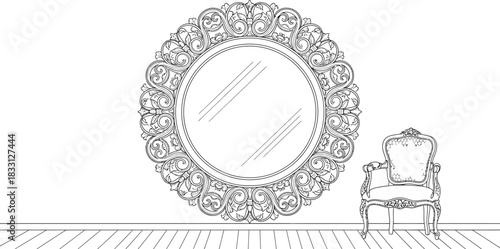 Ornate mirror and antique chair in a vintage interior line art illustration