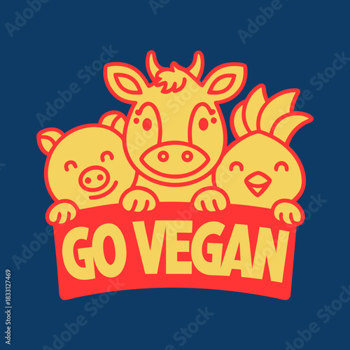 Smiling cartoon pig cow chicken holding go vegan banner