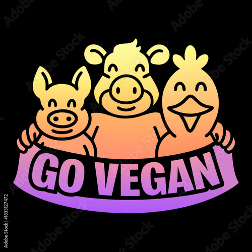 Smiling cartoon pig cow and chicken with go vegan banner