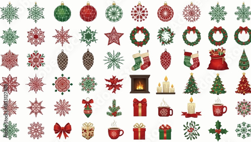 Festive collection of Christmas ornaments, decorations, and seasonal holiday elements.