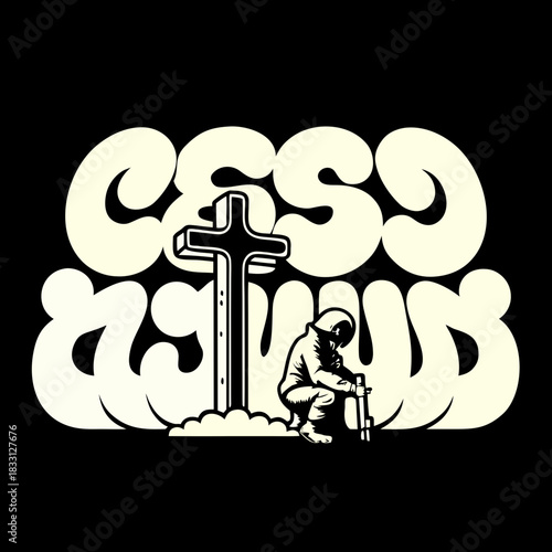 Soldier kneeling at cross with large text religion