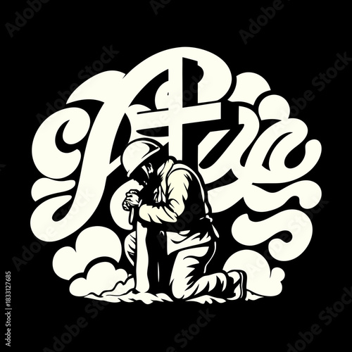 Soldier kneeling before cross in cream vector graphic