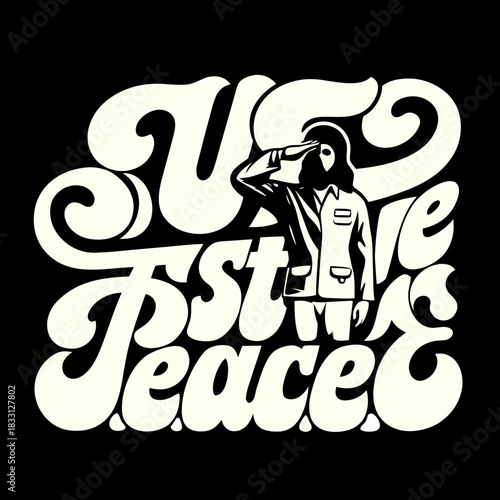 Soldier Saluting Inside Retro Peace Text salute