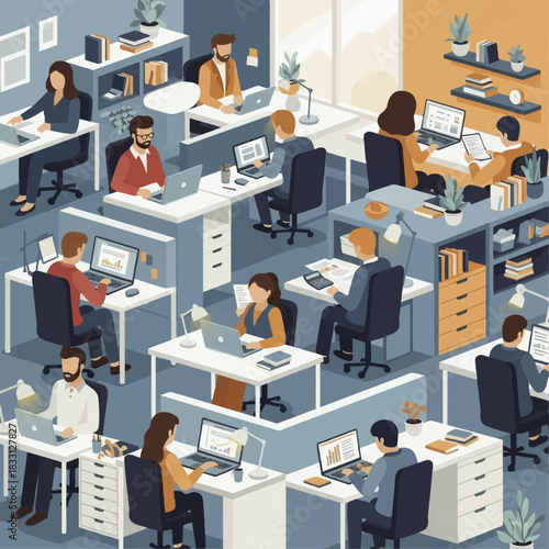 Isometric illustration of a busy modern office with diverse employees working at their desks.