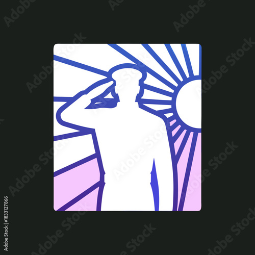 Soldier silhouette saluting at sunrise with gradient rays