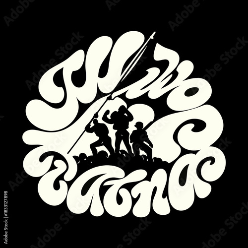 Soldiers raising flag illustration in retro style iwo jima style