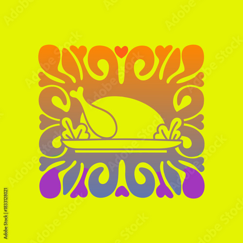 Stylized roasted turkey on platter with decorative border 1