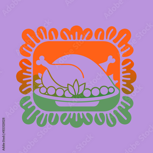 Stylized roasted turkey on platter with decorative border