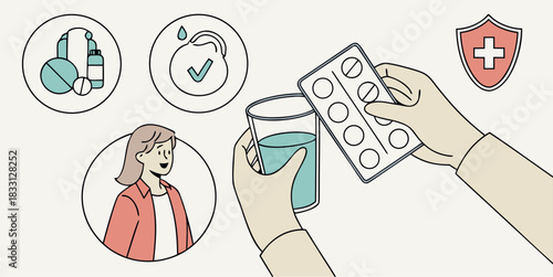 Stay Healthy with Medication: Woman Taking Pills with Water for Wellness, Illustrated Healthcare Concept Promoting Prevention and Treatment for Peace of Mind