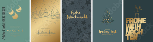 5 moderne und niedliche Weihnachtskarten Motive (Din Format) "Frohes Fest", "Frohe Weihnachten", "Merry Christmas". Schöne Typo, Font & Symbol komplett als Pfade