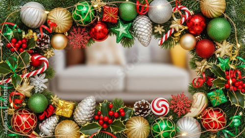 Festive christmas wreath overflowing with ornaments pinecones holly berries candy canes and twinkling fairy lights against a soft blurred background