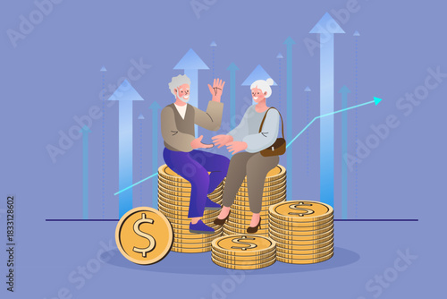 Happy elderly couple sitting on stacks of gold coins with growth arrows background. Concept of retirement planning, pension savings, financial security, and investment for senior life.