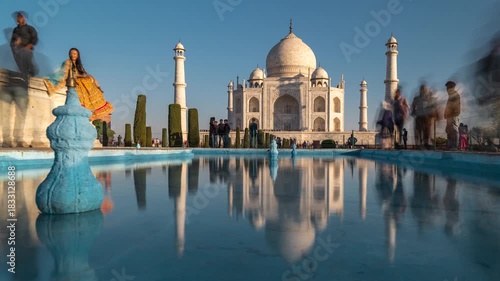 Timelapse view of the Taj Mahal at sunrise in Agra, India.