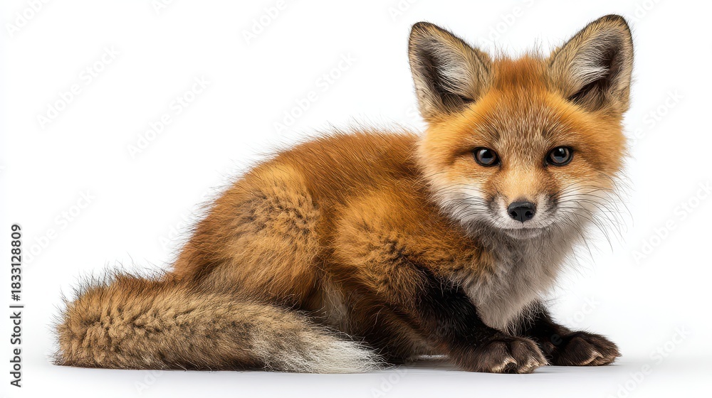 Obraz premium Cute baby fox sitting with an innocent gaze on a white background