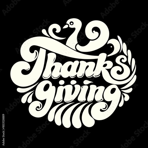 Thanksgiving text with ornate bird and flourishes lettering