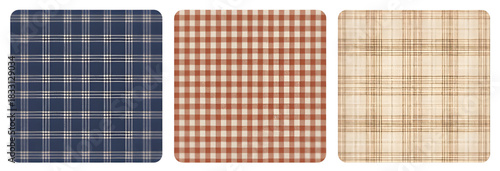 Three square fabric swatches with plaid patterns in blue red and beige colors with rounded corners design