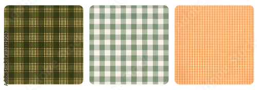 Three square images displaying different plaid patterns in green and orange color schemes on a white background