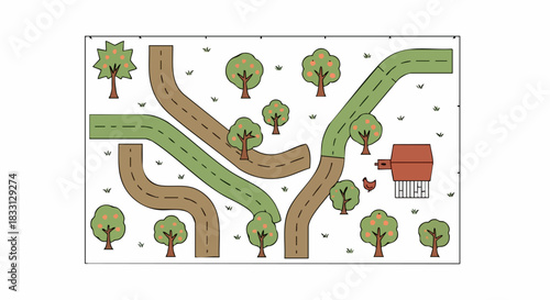 Farm play mat with roads, trees, and a barn for kids.