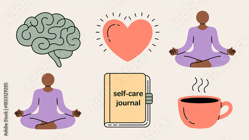 Self-care vector illustration set featuring a brain heart meditation pose journal and coffee cup promoting mental health and wellness