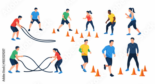 Set of diverse people engaged in various fitness training exercises.