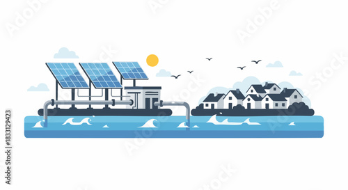 Solar powered water supply system for a coastal town.