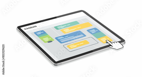 Digital tablet with interactive user interface and cursor clicking a button.