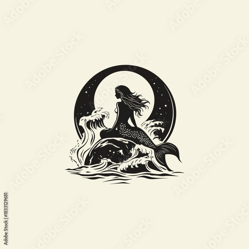 illustration of a beautiful, mysterious Mermaid sitting gracefully on a rock amid powerful ocean waves