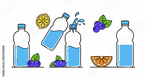 Bottled water with fruits and berries for healthy hydration.