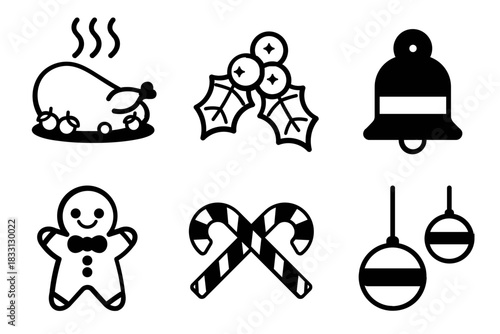 Wallpaper Mural A charming set of minimalist black and white line art Christmas and holiday icons, perfect for seasonal designs, featuring traditional festive symbols for celebration Torontodigital.ca