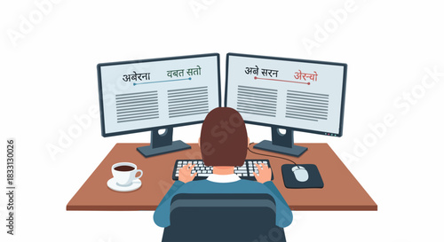 Person working on dual computer screens at a desk.