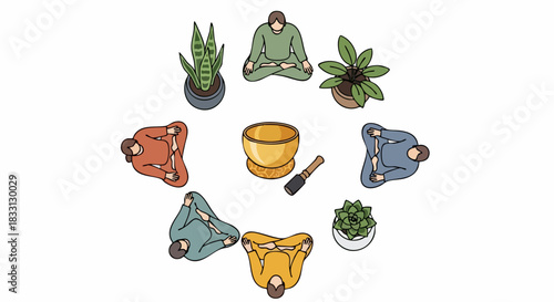 Group of people meditating around singing bowl.