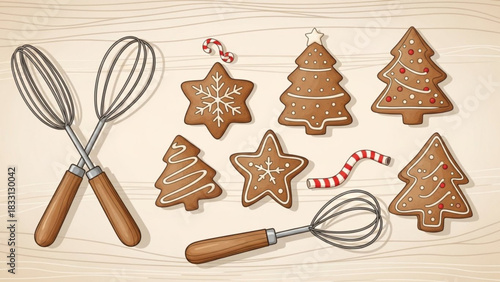 Festive christmas gingerbread cookies in the shape of stars and trees decorated with icing alongside whisks and candy canes on a wooden background perfect for holiday baking