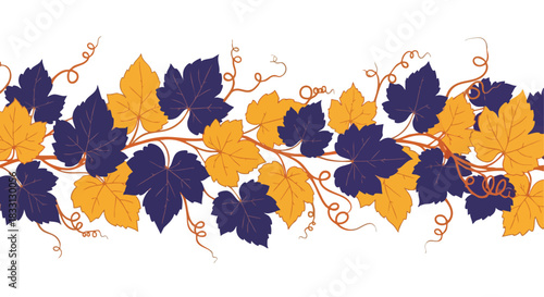 Decorative grape vine leaves pattern with tendrils on a white background for design elements