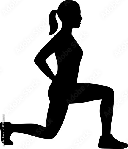 Woman Performing Lunges Silhouette Vector, Minimal Black Fitness Workout Pose for Gym Training, Exercise and Health, Isolated on White Background