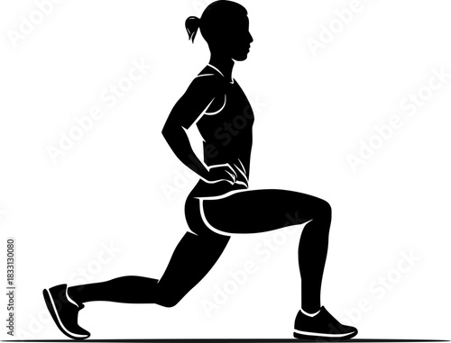 Silhouette of a trainer performing a lunge exercise in black and white. Fitness, workout, gym, training, exercise