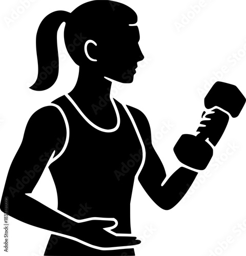 Fitness Instructor Demonstrating Dumbbell Technique Silhouette Vector, Minimal Black Workout Training Pose for Gym Coaching and Strength Exercise, Isolated on White Background