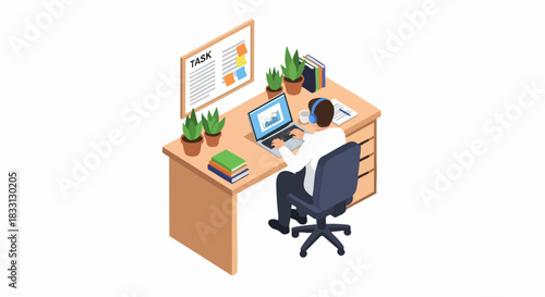 Isometric illustration of a person working at an office desk with a laptop.