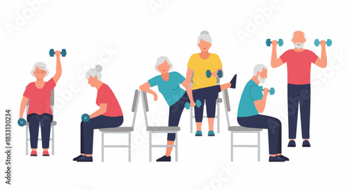 Senior citizens exercising with dumbbells.