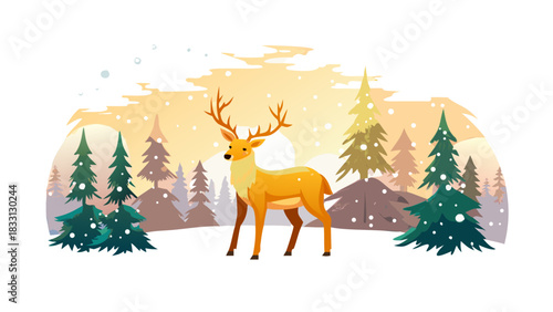 A majestic reindeer standing in a snowy pine forest, soft golden sunrise light casting long shadows, gentle snowfall creating a magical Christmas feeling