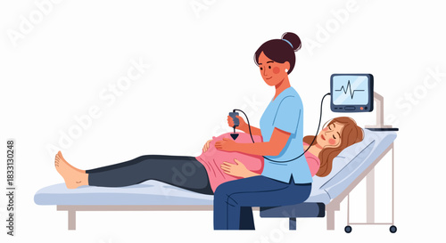 Pregnant Woman Undergoing Ultrasound Examination by Medical Professional.