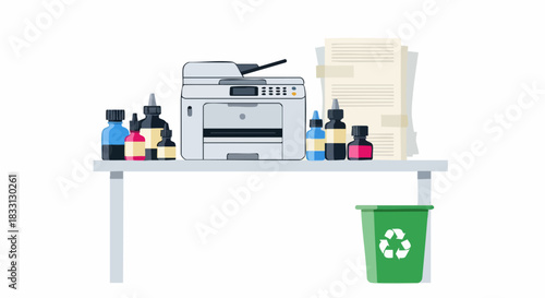 Office printer setup with ink bottles, paper, and recycling bin.
