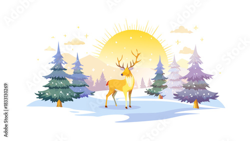 A majestic reindeer standing in a snowy pine forest, soft golden sunrise light casting long shadows, gentle snowfall creating a magical Christmas feeling