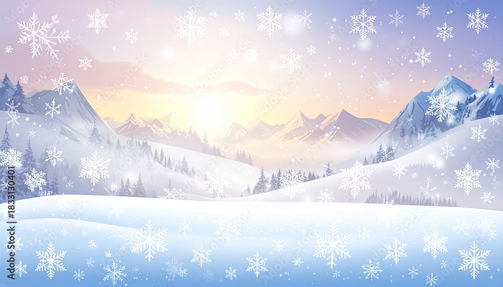 Fototapeta premium Serene winter mountain landscape with falling snow at sunset.