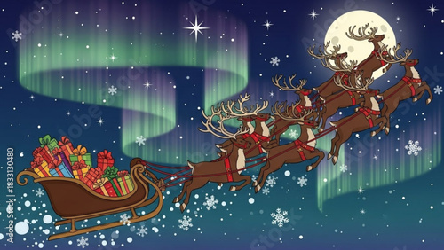 Santa claus and his reindeer pulling a sleigh full of gifts through the night sky under the aurora borealis and a full moon with snowflakes falling