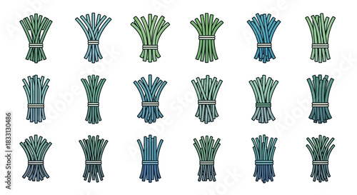 A collection of various stylized bundles of green onions or chives, depicted in different shades of green and blue-green, tied with bands.