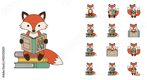 A cute cartoon fox character sitting on a stack of books and reading, with a collection of various fox illustrations interacting with books.